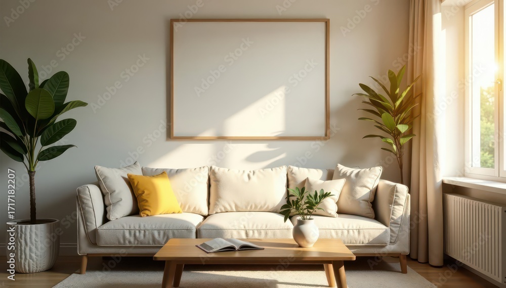 Fototapeta premium Aesthetic poster frame mockup, sunlight streams onto coffee table in warm living room interior , modern, space, image