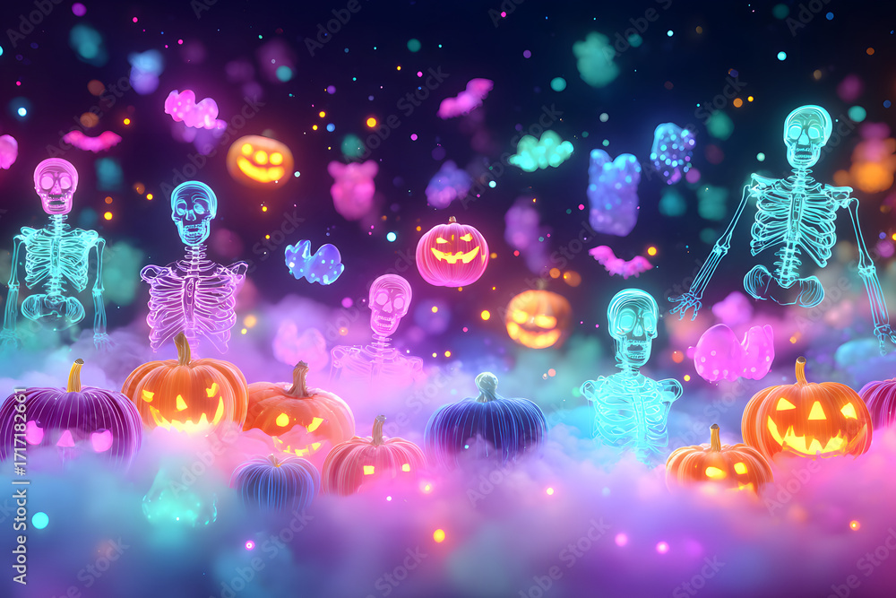 Fototapeta premium Glowing Halloween Celebration: Festive illustration showcases luminous jack-o'-lanterns, ghostly skeletons, and whimsical decorations, bathed in an ethereal glow perfect for celebrating the holiday.
