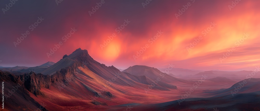 Fototapeta premium panoramic surreal volcanic plateau with glowing autumn aurora