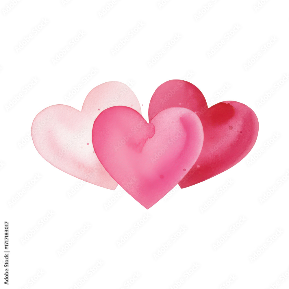 Fototapeta premium Hearts Embrace: A harmonious composition of three watercolor hearts, their soft, overlapping forms creating a romantic and intimate visual, perfect for conveying love and affection.