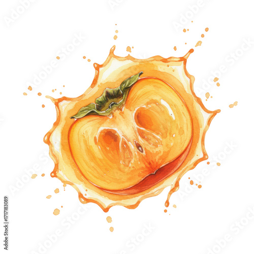 Persimmon Burst: A cross-section of a ripe persimmon fruit, bursting forth in a vibrant splash of juice, showcasing the fresh sweetness and juicy essence.