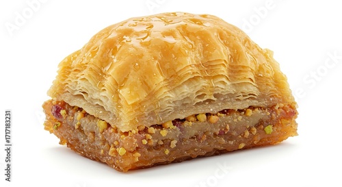 A closeup shot of a single goldenbrown honeyglazed baklava pastry filled with nuts set against a plain white background