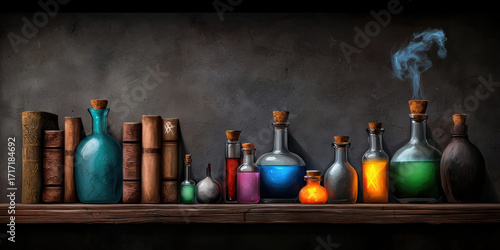  collection of colorful potion bottles and ancient books on a wooden shelf against a textured wall, evoking a mystical and alchemical atmosphere.