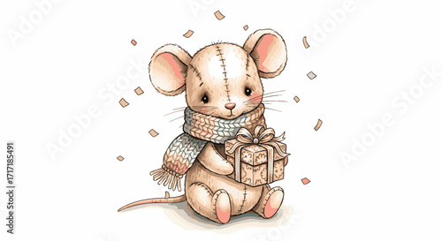 Cute mouse holding a gift, illustration of a baby animal with a present, children's book character