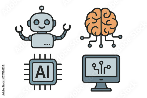 AI icon set vector cartoon illustration. Artificial intelligence, robotics, neural network, and technology symbols. Machine learning, digital brain, computer chip graphics.