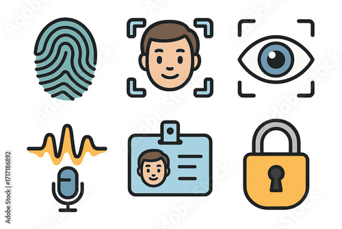 Biometric security icons for authentication and identification. Vector set with fingerprint, face ID, eye scan, voice recognition, sound wave, ID badge, and lock concepts.