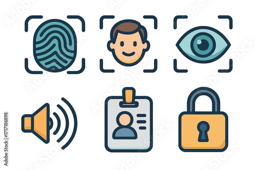 Biometric security icon set for authentication with fingerprint scanner, face ID, and eye scan. Vector collection includes voice recognition, ID badge, and lock for privacy.