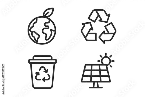 Eco-friendly icons set. Ecology, recycling, and solar energy concept. Green planet, renewable power, and waste sorting symbols. Minimal linear vector illustration collection.