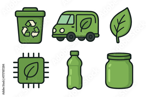Eco-friendly vector icon set. Green concept for sustainability, recycling, and ecology. Includes trash can, electric car, leaf, microchip, bottle, jar. Zero waste idea.