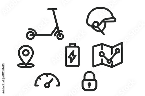 Electric scooter icon set for urban mobility. Vector line art symbols for e-scooter sharing and rental apps. Includes helmet, battery, GPS map, lock, and speedometer.