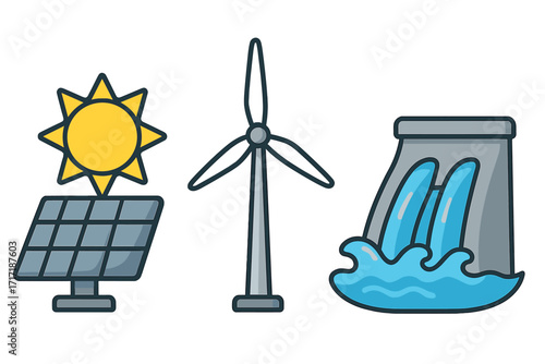 Renewable energy icons set with solar panel, wind turbine, and hydro power dam. Green, clean, sustainable electricity generation sources. Vector cartoon symbols collection.