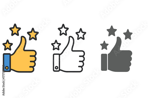 Thumbs up with stars icon set. Customer review, quality rating and positive feedback concept. Like gesture for social media. Approval, success and certified symbol vector.