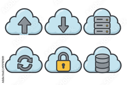 Cloud computing icon set. Vector cartoon illustration. Data storage, server, database, security lock, upload, download and sync symbols. Web hosting and networking technology.