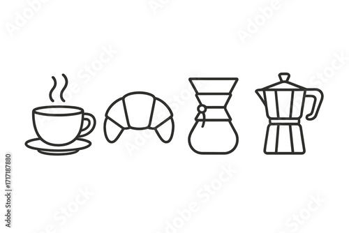 Coffee icon set line art. Vector icons of coffee cup, croissant, pour-over Chemex, moka pot. Breakfast essentials for cafe menu design. Minimalist outline illustration.