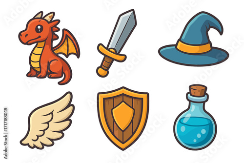 Fantasy RPG game icons set with cute cartoon vector illustrations. Collection includes dragon, sword, magic wizard hat, angel wing, knight shield, and blue potion bottle.