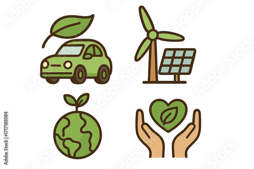 Eco-friendly icons set for sustainability. Vector concepts of renewable energy, green planet, nature conservation, and sustainable transport. Electric car, wind turbine, solar panel.
