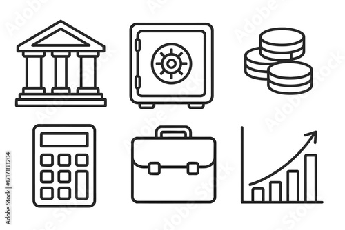 Financial icons set in linear style. Bank, safe, coins, calculator, briefcase, growth chart symbols. Business, banking, investment, savings, profit, and economy concepts.