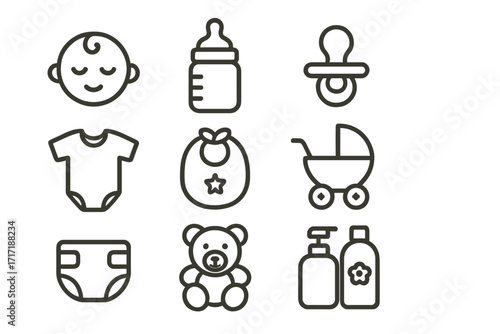 Baby icon set. Minimalist line art of infant care essentials. Vector illustration includes bottle, pacifier, stroller, diaper, teddy bear, and baby clothes for newborn shower.