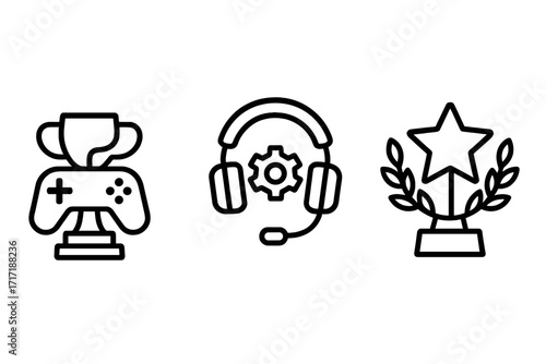 Gaming icon set for e-sports and achievements. Minimalist line art of controller trophy, headset gear, and star award. Vector illustration for competition and victory concepts.
