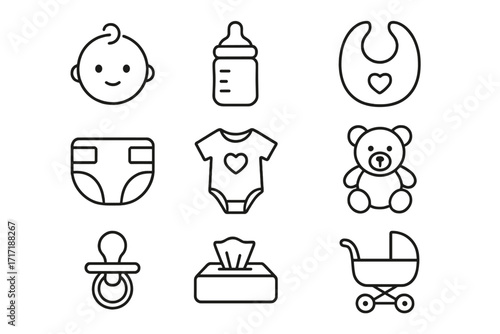 Baby care essentials icon set. Minimalist line art vector collection of newborn and infant items. Simple outline symbols for childcare, baby shower, and parenting topics.
