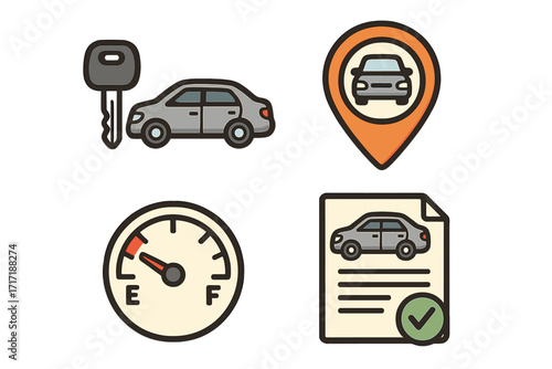 Car rental icons set for transport services. Vector signs for carsharing and booking. Includes key, location pin, fuel gauge, and lease contract agreement symbols. Auto rent.