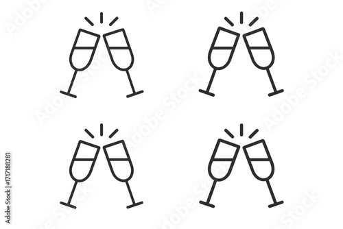 Champagne toast cheers vector icon set. Clinking glasses line art for party celebration. Minimalist drink symbol for new year, wedding success. Alcohol beverage outline illustration.