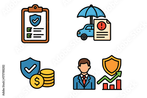 Insurance icon set for policy, claim, premium, and risk management. Vector cartoon symbols for car accident, financial protection, agent, and investment growth.