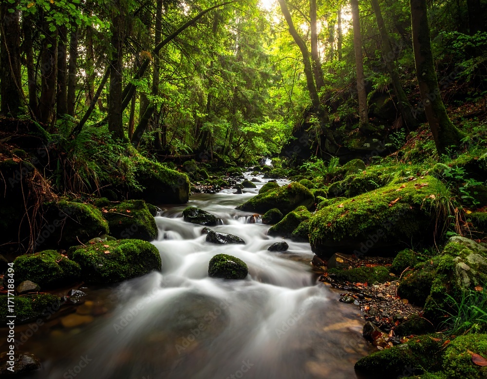 Fototapeta premium Lush forest stream. Sunlight streams through trees