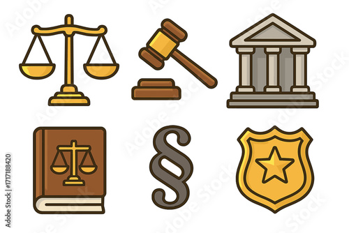Law justice icon set. Legal concept vector symbols. Court verdict. Judge gavel. Scales of justice. Courthouse building. Police badge. Lawbook. Paragraph sign. Flat cartoon.