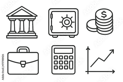 Finance icon set. Linear style. Bank, safe, coins, calculator, briefcase, growth chart. Business, money, investment, savings, profit, economy, banking, success concept.