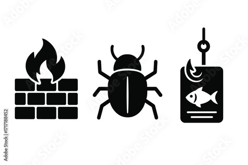 Cybersecurity icon set with firewall, bug, and phishing hook. Vector symbols for network protection, data security, internet threat, malware, cyber attack, and hacking alert.