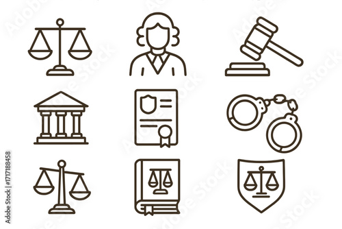 Legal icons set in linear style. Justice and law symbols: judge, gavel, courthouse, scales, law book, handcuffs. Vector illustration for lawyer, court, and crime concepts.