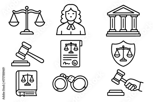 Law and justice icon set. Legal symbols vector collection. Judge, gavel, courthouse, scales of justice, law book, handcuffs. Crime and punishment linear icons. Court trial signs.
