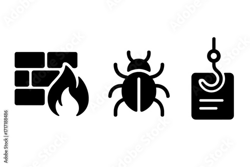 Cybersecurity icon set with firewall, bug, and phishing symbols. Vector glyph collection for internet security, data protection, hacking, and virus concepts. Black silhouette.