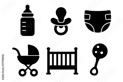 Baby care essentials icon set. Vector glyph collection of newborn items: bottle, pacifier, diaper, stroller, crib, rattle. Black silhouette symbols for parenting needs.