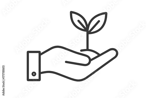 Hand holding plant sprout vector line icon. Business growth, startup, investment concept. Sustainability, environment, eco-friendly symbol. Care, development, new life idea.