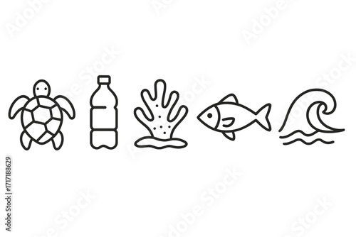 Ocean conservation and plastic pollution linear icon set. Marine life protection symbols: turtle, fish, coral. Ecological problem concept with a plastic bottle and sea wave.