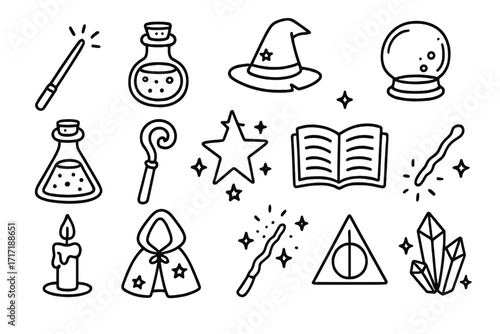 Magic icons doodle set. Hand drawn wizardry elements. Witchcraft symbols with wand, potion, spell book, crystal ball, wizard hat, cloak. Fantasy fairytale vector line art illustration.