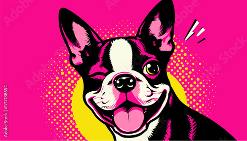 Winking Boston Terrier n bold pop art vector design, emotional dog