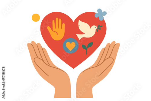 Hands holding heart with peace dove, sprout. Concept for charity, volunteering, social care. Metaphor for donation, support, love, community help. Vector illustration.