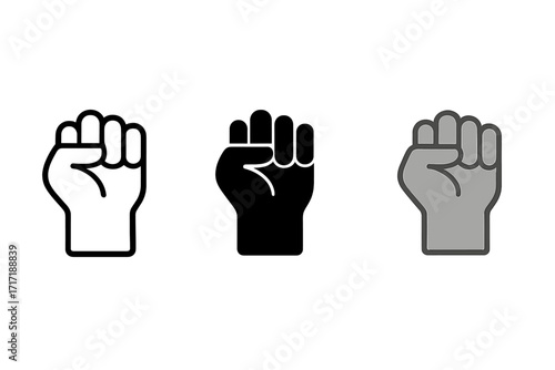 Fist hand icon set. Symbol of protest, strength, power, and unity. Vector illustration for revolution, solidarity, success, achievement, and willpower. Raised fist.