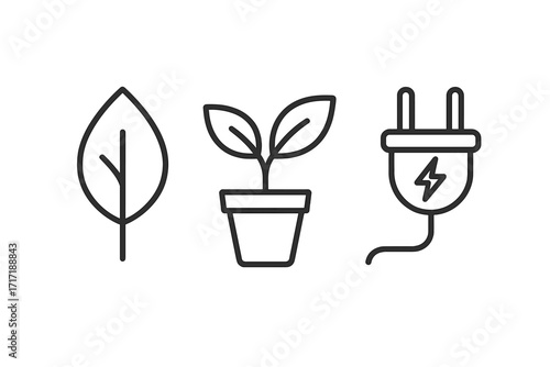 Green energy vector icon set. Leaf, plant, plug for sustainability, renewable alternative energies. Eco friendly power concept. Ecology, bioenergy, saving electricity line icon.