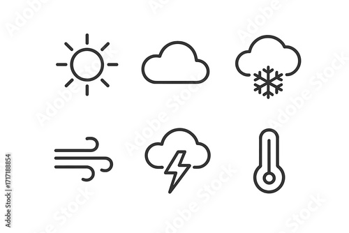 Minimal weather icons collection. Sun, cloud, snowflake, lightning, wind, thermometer. Vector cartoon line art illustration. Forecast symbols for web and mobile design.