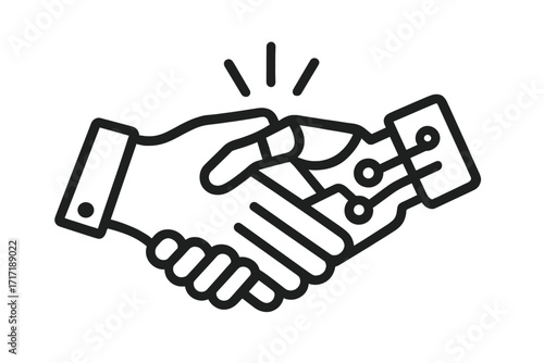 Human and robot handshake vector icon. AI and human collaboration concept. Partnership with artificial intelligence. Technology, innovation, and future progress. Automation.
