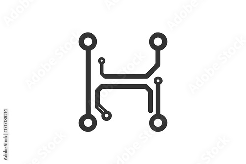 Letter H tech logo icon design. Minimalist vector graphic of a circuit board. Monogram for technology, hardware, and engineering. Digital interface and connection concept.
