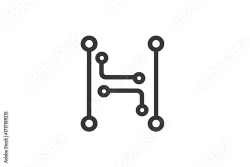 Letter H logo icon for technology business. Minimal vector graphic of a circuit board. Monogram for electronics, hardware, engineering, and digital network connection.