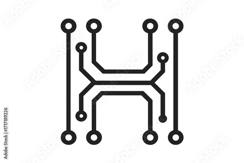 Letter H logo icon design in a minimal technology style. Vector graphic of a circuit board for digital interface, hardware, and engineering concepts. Connection symbol.