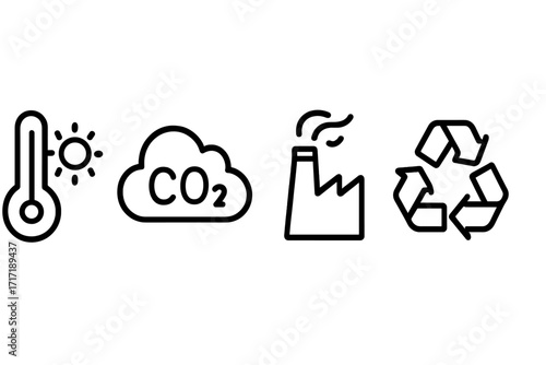 Minimalist climate change icon set. Global warming temperature, CO2 carbon dioxide emission, factory pollution, and recycling symbol. Vector for environment and ecology concepts.