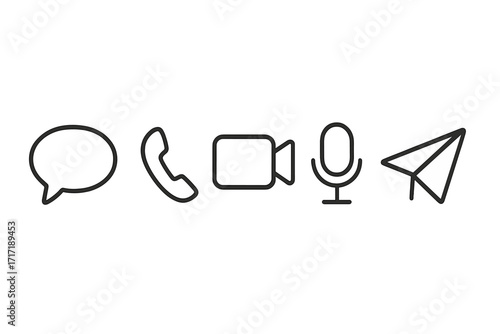 Communication icon set. Minimalist line art for UI UX design. Chat bubble, phone call, video camera, microphone voice record, and paper plane send message symbols.