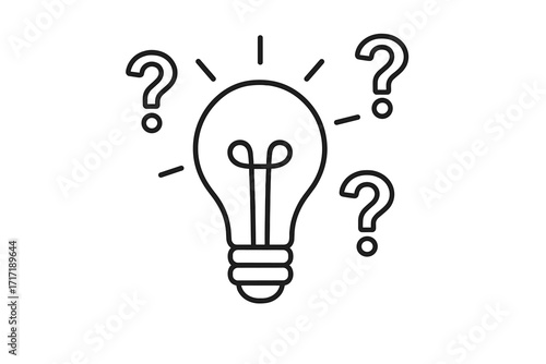 Lightbulb with question marks vector line icon. Concept of problem solving, brainstorming, new ideas, innovation. FAQ, search for solution, frequent questions symbol.
